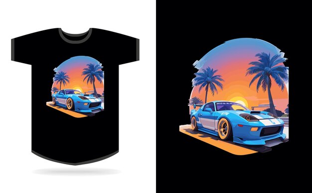 Vektor kunstwerk von t-shirt grafikdesign geschwindigkeitswagen realistisches rennfahrzeug blaues auto miami street hoch detailliert