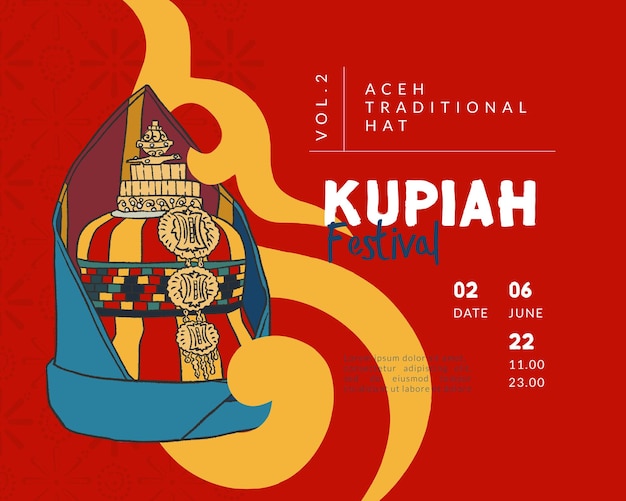 Kupiah acehne traditioneller hut handgezeichnete illustation indonesische kultur für poster social media design inspiration