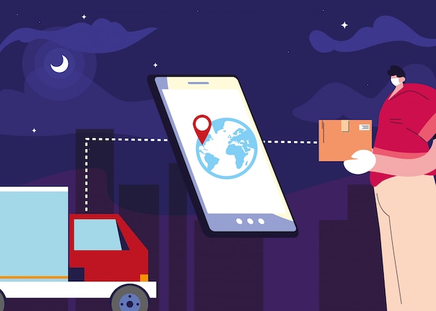 Kurier-lieferservice mit smartphone, sendungsverfolgung