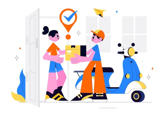 Kurier- oder Lieferdienstvektorillustration mit Arbeitern, die Waren wie Lebensmittel oder Dokumente in Kartonpackungen im Hintergrund liefern