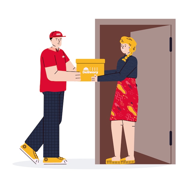 Kurier vom Lebensmittel-Lieferservice, der dem Kunden die Bestellbox gibt