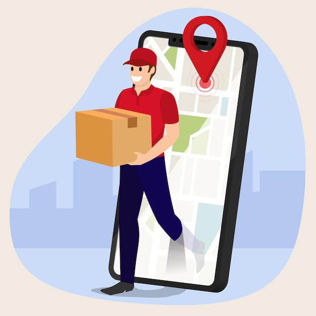 Kurierbote mit paketbox mit handy schneller online-lieferservice online-bestellung von internet-e-commerce-ideen für websites oder banner 3d-perspektive-vektorillustration