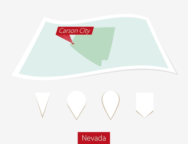 Vektor kurve papierkarte des bundesstaates nevada mit der hauptstadt carson city auf grauem hintergrund vier verschiedene karten-pin-set