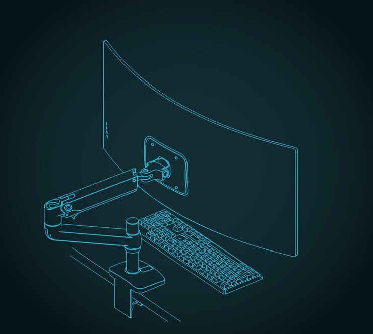 Vektor kurver ultrawide-monitor auf armstütze mit tastatur