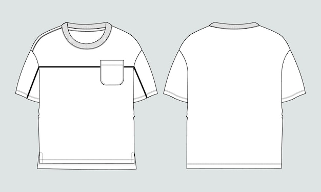 Vektor kurzarm mit taschen-t-shirt technische flache skizze vektorillustrationsvorlage für kinder