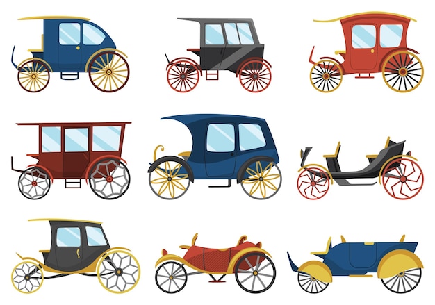 Vektor kutschen-cartoon-set vintage-transport mit alten rädern antiker transport von königlicher kutsche und streitwagen oder wagen für reisen cab-hochzeitskutsche retro-wagen-ikone in verschiedenen designs