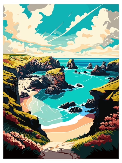 Vektor kynance cove england vintage reiseposter souvenir postkarte porträtgemälde wpa illustration