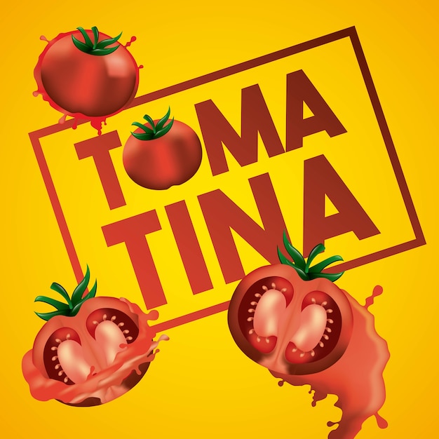 La tomatina gelben hintergrund drei tomaten smash festival