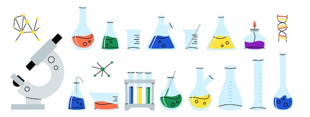 Vektor laboratorienglaswaren chemische reagenzien in glasflaschen und reströhren und flaschen medizinische laborgeräte wissenschaftliche forschungswerkzeuge doodle-zeichnung vektor-cartoon-flachstil isolierte illustration