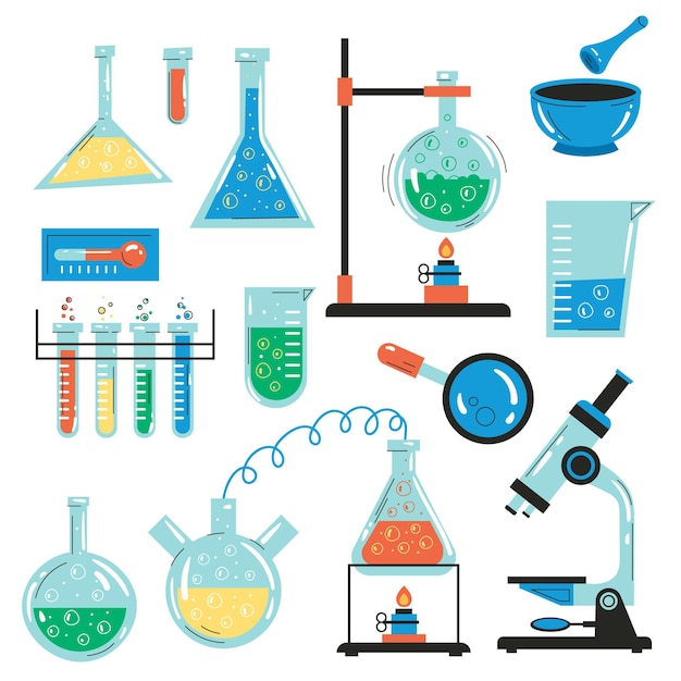 Laborflasche Flasche Chemie Biologie Mikroskop isoliert Set