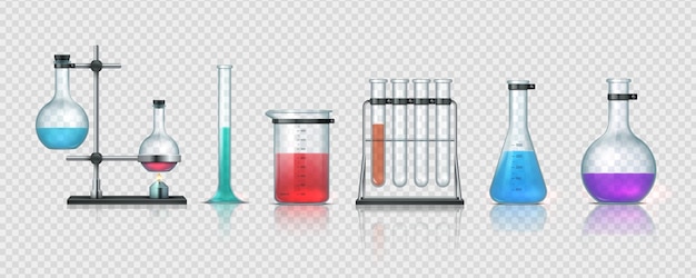 Laborgeräte 3D-realistisches Chemielabor, das Glaswaren misst Metallhalter und Flaschen Reagenzgläser und Flaschen mit bunter Flüssigkeit auf transparentem Hintergrund Vektorwissenschaftsset