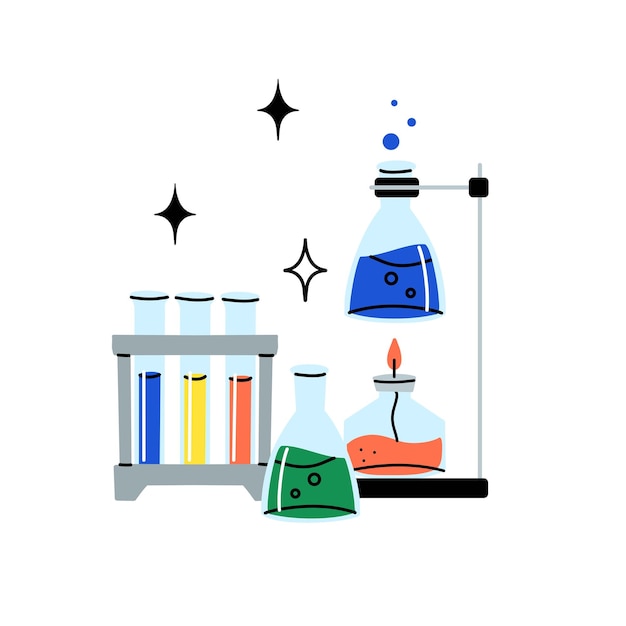 Vektor laborgeräte laborglaswaren chemische reagenzien in glasflaschen und ruhe-röhren und flaschen medizinische wissenschaftliche forschungswerkzeuge doodle-zeichnung vektor-cartoon flache isolierte illustration