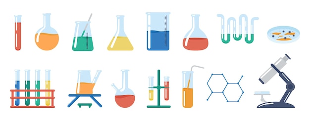 Laborgeräte Medizinische Laborprobenröhren mit chemischen Reagenzien Wissenschaftliche Werkzeuge für Experimente und Forschung Glaswaren anständiger Vektor-Set