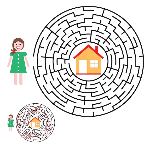 Labyrinth-labyrinth-rätsel für kinder ein- und ausgang kinderpuzzlespiel helfen sie dem mädchen, nach hause zu kommen