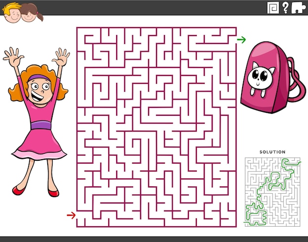 Labyrinth-lernspiel mit cartoon-mädchen und rucksack