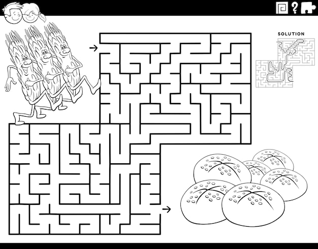 Labyrinth mit cartoon-ähren und brot malseite