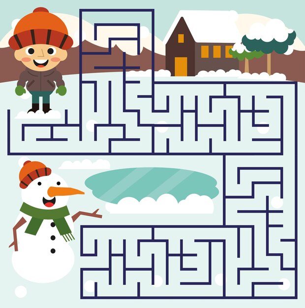 Labyrinth-puzzle-seite für kinder im winter