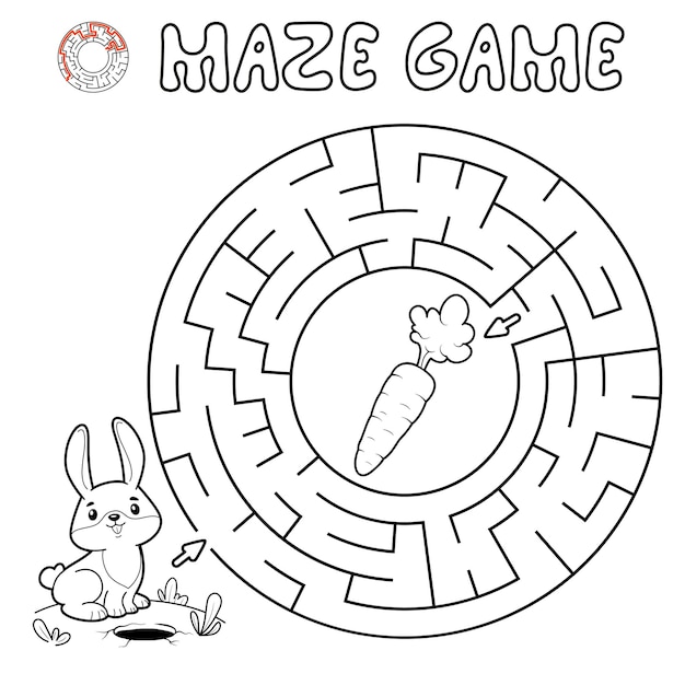 Labyrinth-puzzle-spiel für kinder. umreißen sie kreislabyrinth oder labyrinthspiel mit kaninchen. vektorillustrationen