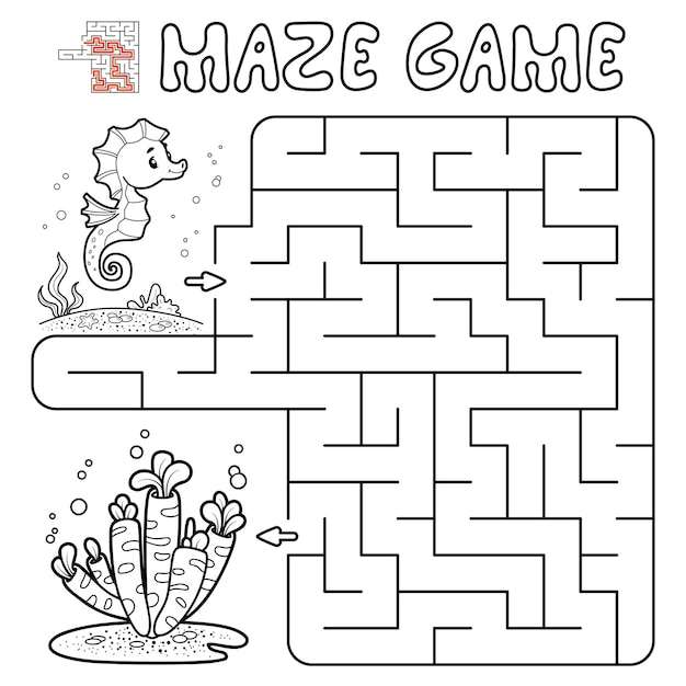 Labyrinth-puzzle-spiel für kinder. umriss-labyrinth- oder labyrinth-spiel mit fischen. illustrationen