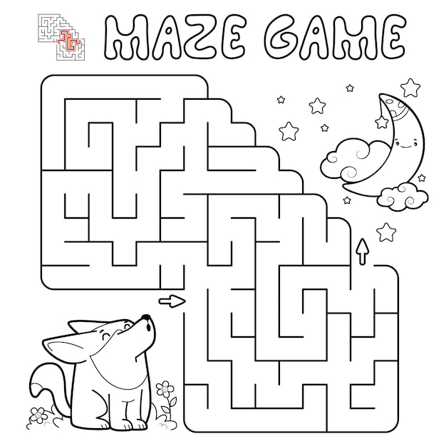 Labyrinth-puzzle-spiel für kinder. umriss-labyrinth- oder labyrinth-spiel mit wolf. illustrationen