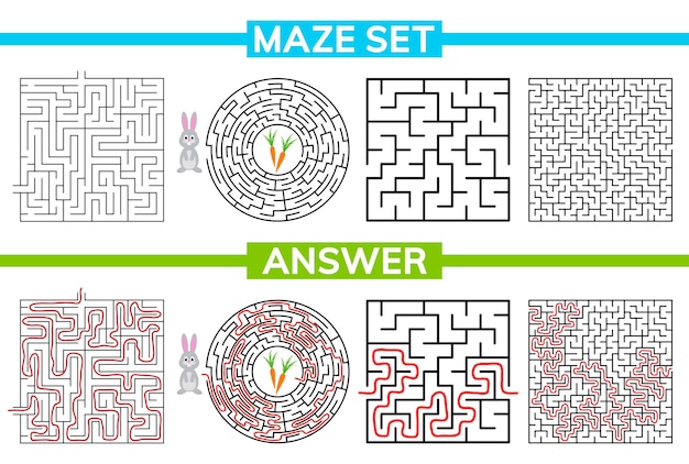 Labyrinth-rätsel für kinder ein- und ausgang labyrinth-satz-sammlung labyrinth kinder-puzzle-spiel vektor-stock-illustration