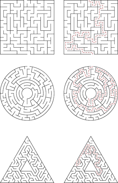 Labyrinth-Rätsel in verschiedenen Formen Quadrat, Rund und Dreieck Die Lösung wird gezeigt