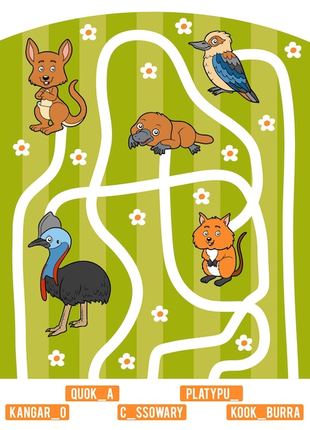 Labyrinth-spiel für kinder finden sie den weg vom bild zum titel und fügen sie buchstaben hinzu set australischer tiere