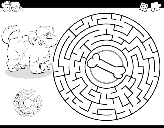 Labyrinth-spiel für kinder mit hund und knochen farbbuch