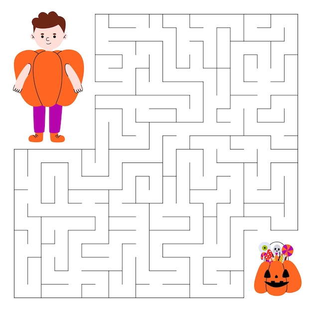 Labyrinth-spiel für kinder süßer junge im kürbiskostüm auf der suche nach einem weg zur tüte mit süßigkeiten lernspiel für kinder