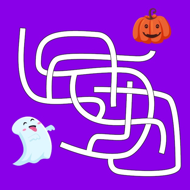 Vektor labyrinth-spiel-labyrinth für kinder mit halloween-geist-kürbis-laterne-kürbis finden den richtigen weg