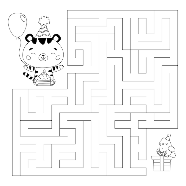 Labyrinth-spiel mit kawaii cartoon-tiger-geburtstagskuchen und geschenken