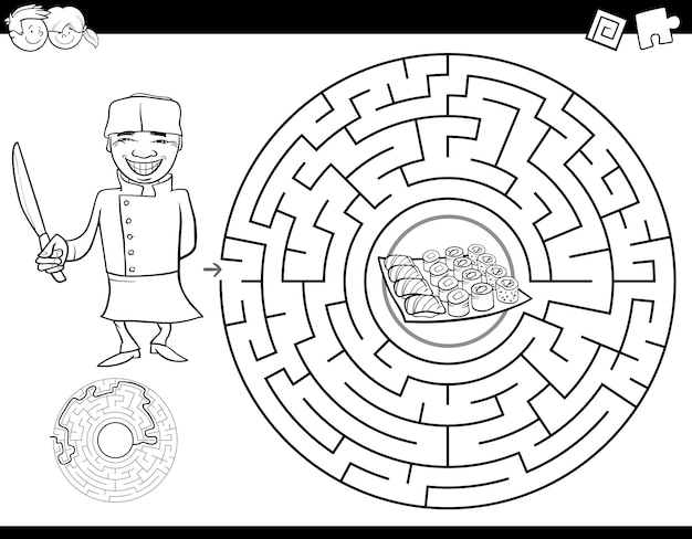 Labyrinthfarbbuch mit chef und sushi