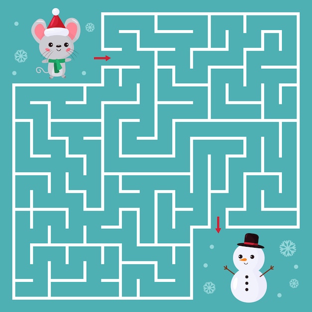 Labyrinthspiel für kinder. hilf der kawaii maus, den richtigen weg zum schneemann zu finden.