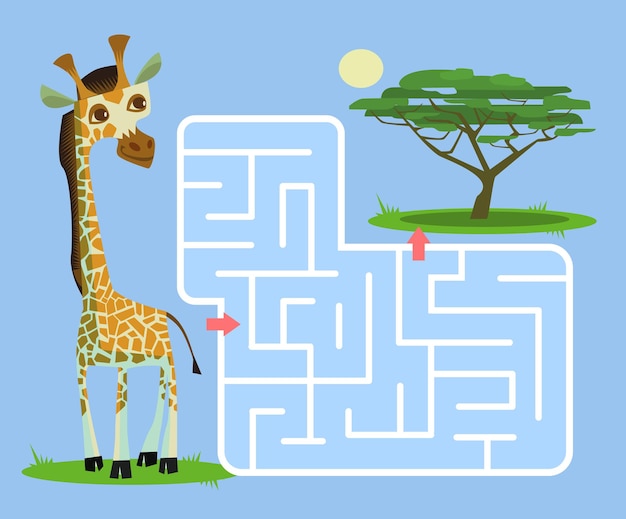 Labyrinthspiel für kinder mit giraffenkarikaturillustration