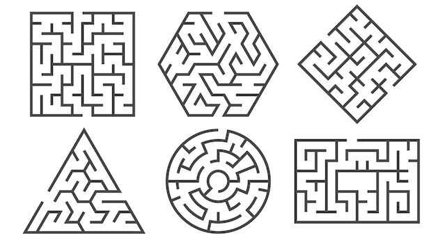 Vektor labyrinthspiel in verschiedenen grafikformen für richtige oder falsche wege