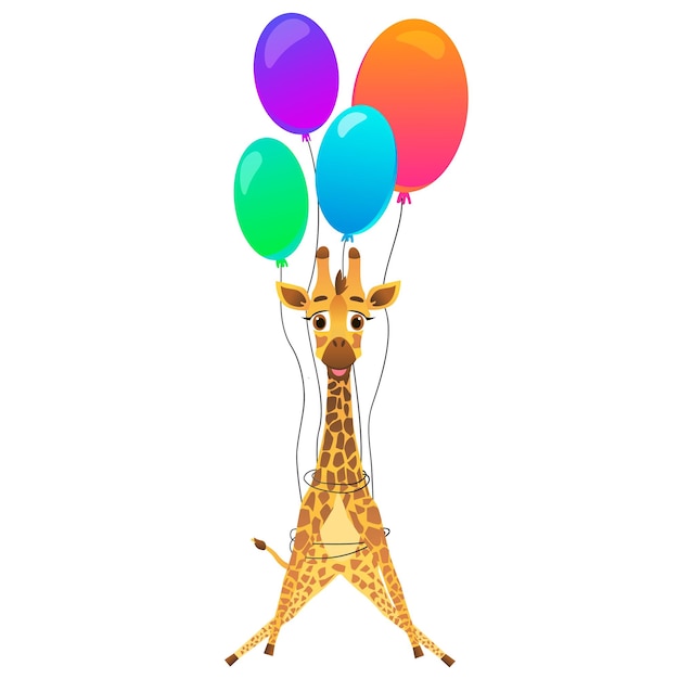 Vektor lachende giraffe, die auf bunten luftballons fliegt vektorillustration für designs, drucke und muster