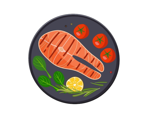 Lachs gegrilltes Steak mit Tomaten, Zitronenscheiben, Rosmarin, Spinat, Pfeffer, Roter Fisch und Gemüse auf dem Teller, Top-View-Design für das Menü, Café, Restaurant, Plakat, Banner, Emblem, Kochbuch, Rezept