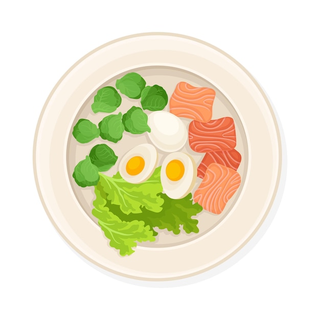Lachsscheiben mit gekochten eiern auf dem teller top view vector illustration