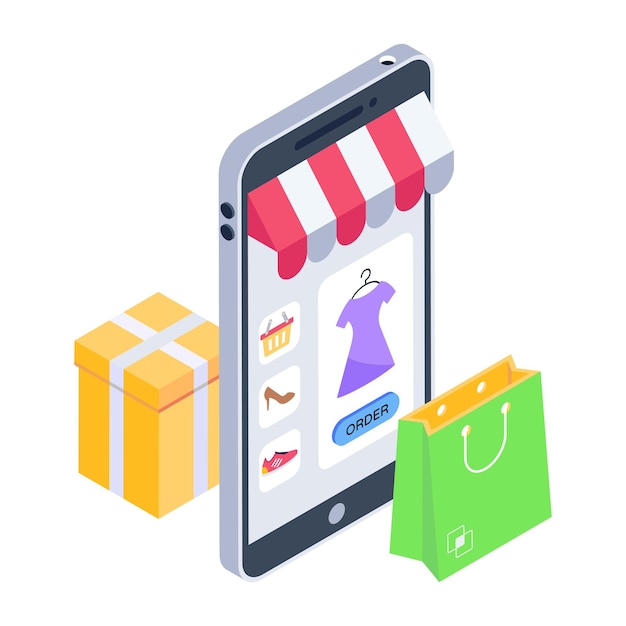 Laden Sie das isometrische Symbol für den mobilen Shop mit Premium-Angebot herunter