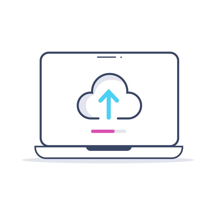 Vektor laden sie dateien mit einem laptop-vektorsymbol im minimalen stil in die cloud hoch