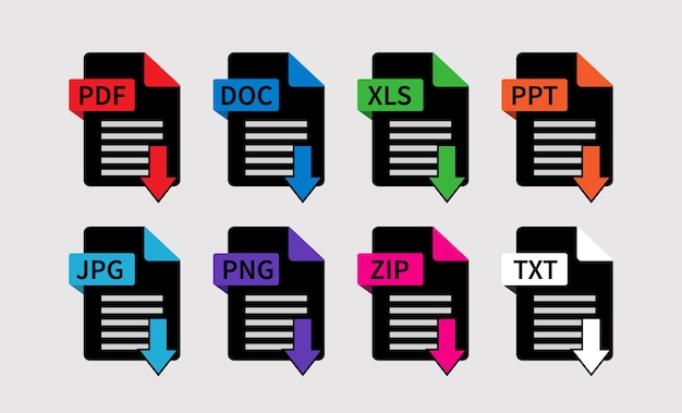 Laden sie dateiformatsymbole in schwarz herunter. schwarzes dateiformat