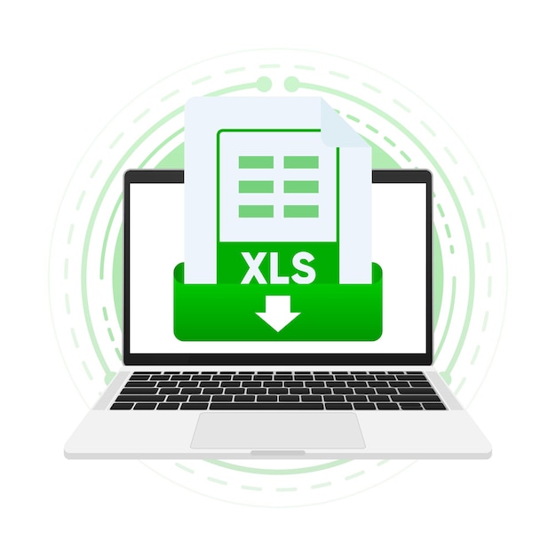 Laden Sie die XLS-Datei mit dem Etikett auf dem Laptop-Bildschirm herunter Herunterladen des Dokumentkonzepts Lesen Sie die Download-XLS-Datei auf Laptops und mobilen Geräten Vektorillustration