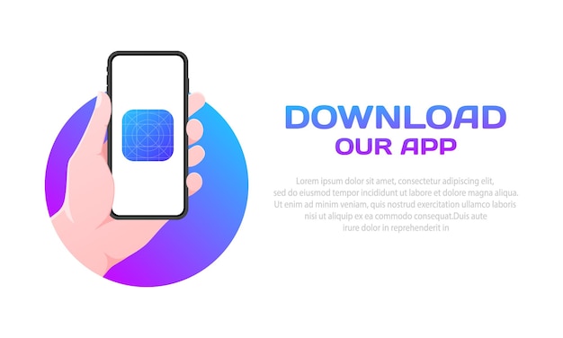 Vektor laden sie unser app-icon flach lila telefonbildschirm mockup laden sie unser app-icon telefonbildschirm vektor-icon herunter