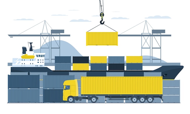 Laden von Containern auf einen LKW im Hafen von einem Containerschiff. Vektor-Illustration.