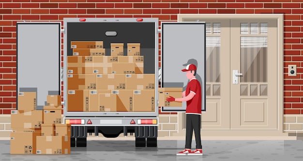 Lader entlädt die Ware vom LKW. Schneller und kostenloser Lieferservice in der Stadt. Kurier mit Paketkasten. Männlicher Mover, Pappkartons mit Waren. Fracht und Logistik. Flache Vektorillustration der Karikatur