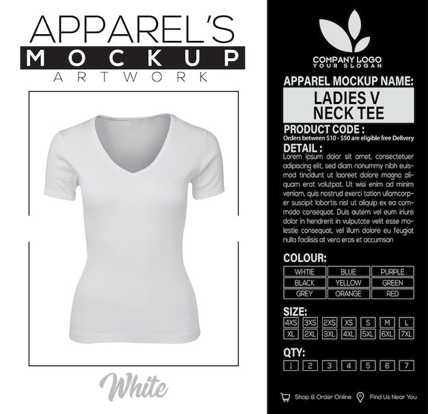 Ladies v neck tee white apparel mockup artwork design (damen gegen hals-tee)