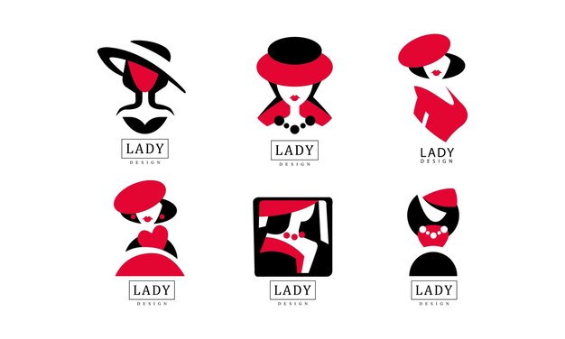 Lady design collection mode und schönheit rote und schwarze embleme vektorillustration