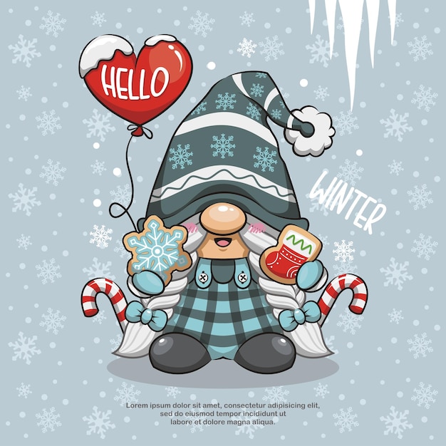 Lady winter gnome christmas gnome mit keksen, zuckerrohr und ballon süße cartoon-illustration