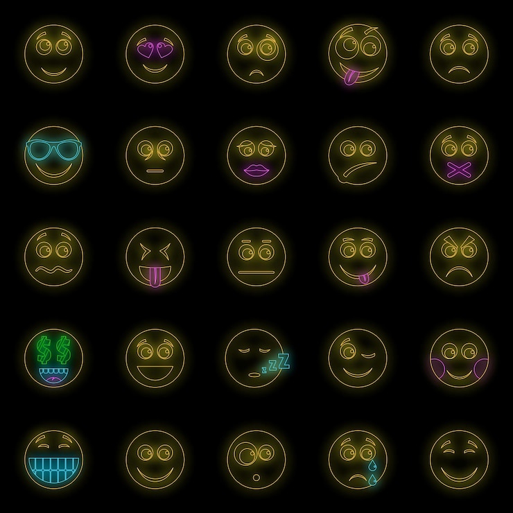 Vektor lächel-icon-set umriss-illustration von 50 lächel-vektor-iconen neonfarbe auf schwarz