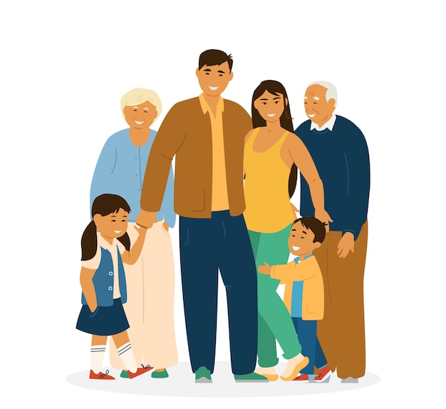 Lächelnde asiatische Familie, die zusammen steht. Eltern, Großeltern und Kinder. Auf Weiß. Asiatische Charaktere. Illustration.